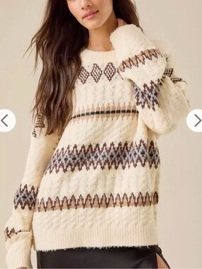 Altar'd State Cream Fair Isle Cable Knit Sweater with Brown and Black Accents